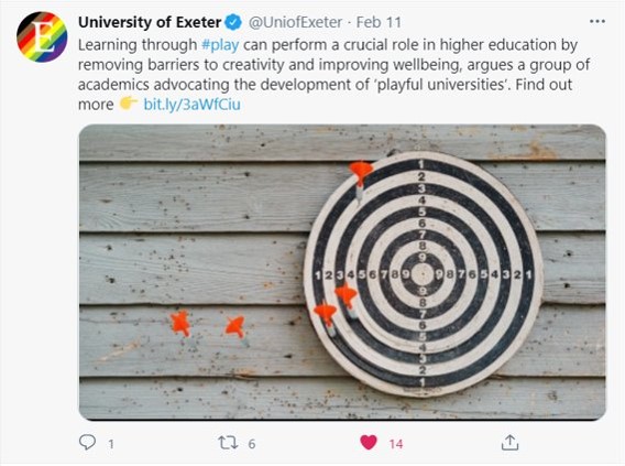 copy of a tweet referencing an article about the role of play in higher education